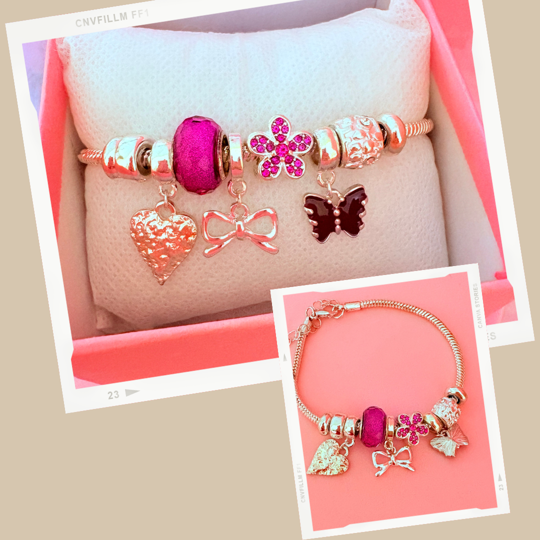 Pembe Kelebek &amp; Kalp Charm Bileklik – Hediye Kutulu